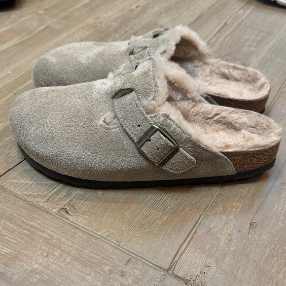 Birkenstock Boston Taupe Suede Shearling Lined Mule Clog 38 - Picture 7 of 11